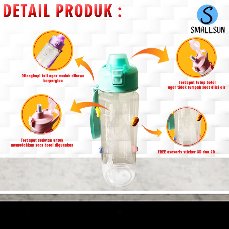 Botol Minum Viral Botol Motivasi 1 Liter Bening Stiker 3D Dengan Tali dan Sedotan