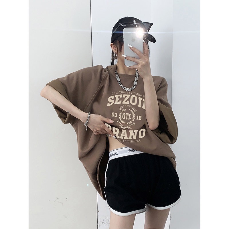 EUNII Brown T-shirt Lengan Pendek Retro English Design Printing Korean Style/Kaos Atasan Wanita/Baju Kaus Oversize Wanita/Kaos Wanita