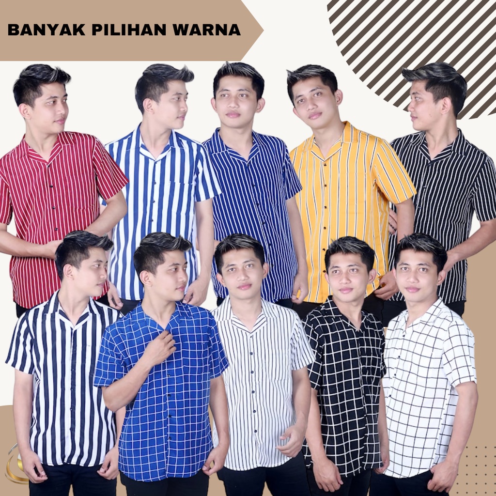 HEM Salur Strip | Kemeja Salur Pria Pendek KEMEJA SALUR PRIA  Dewasa STRIPE LENGAN PENDEK COWOK