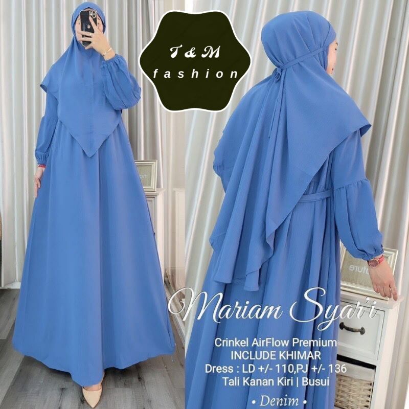 T &amp; M Fashion~Maryam Gamis Set Hijab Instant Premium Matt Crinkle Air Flow Gamis Busui Fashion Muslim Terbaru 2023 Baju Wanita Harian Rumahan Santai Warna Sage Navy Dusty Mocca Birel