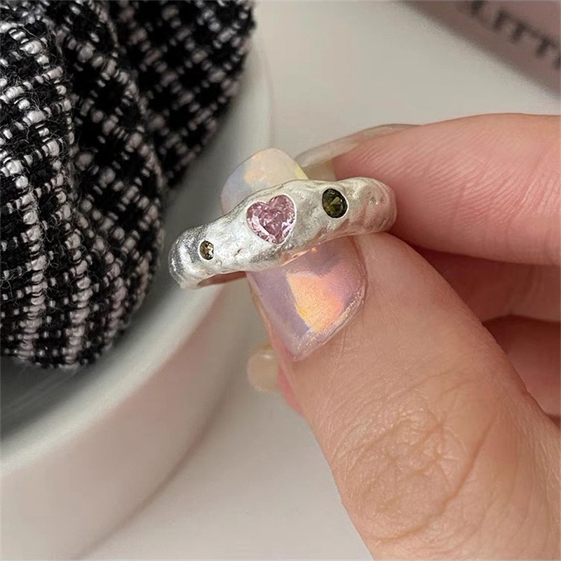 Cincin Minimalis Warna Perak Pembukaan Dapat Disesuaikan Untuk Wanita Trendi Elegan Hati Merah Muda Zirkons Ring Perhiasan Pesta Pernikahan