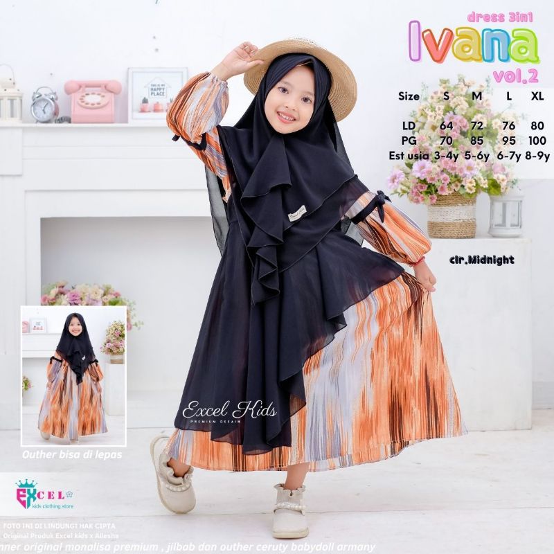 IVANA DRESS 3in1 ORI EXCEL KIDS | Dress+Outer+Khimar Anak