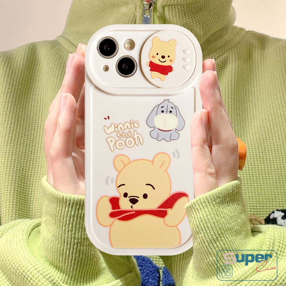 Kartun Manyo Strawberry Bear Winnie the Pooh Couple Case Kompatibel Untuk IPhone 7plus 11 13 12 Pro Max7 8 Plus XR X XS MAX Lembut TPU Silicon Pull Push Window Penutup Pelindung Kamera