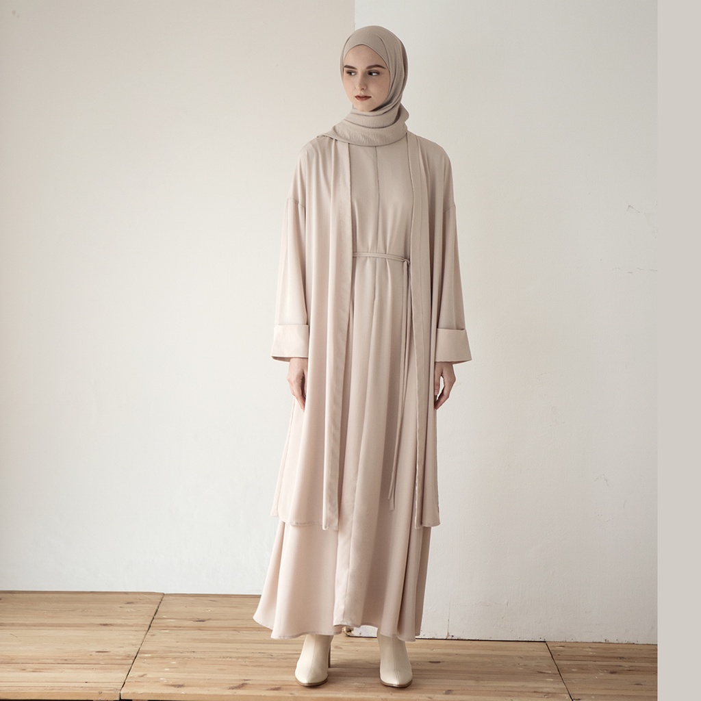 Aneska Outer &amp; Arsha Dress by Aska Label - Set dress wanita dan outerwear wanita bahan bertekstur, inner gamis tanpa lengan dan outer tipis dijual terpisah warna putih offwhite, beige, mint, dusty pink