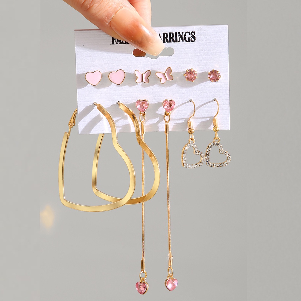 Lucu Merah Muda Kupu-Kupu Stud Anting Set Untuk Wanita Besar Berongga Hati Panjang Rumbai Drop Earring Perhiasan Harian Memakai Hadiah