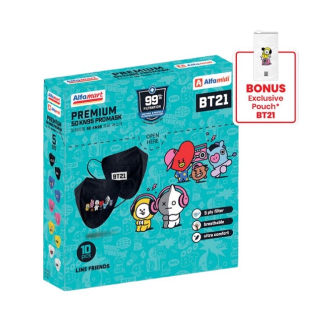 Masker Premium BT21 Adult KN95 5D 5 Ply + Pouch isi 10pcs