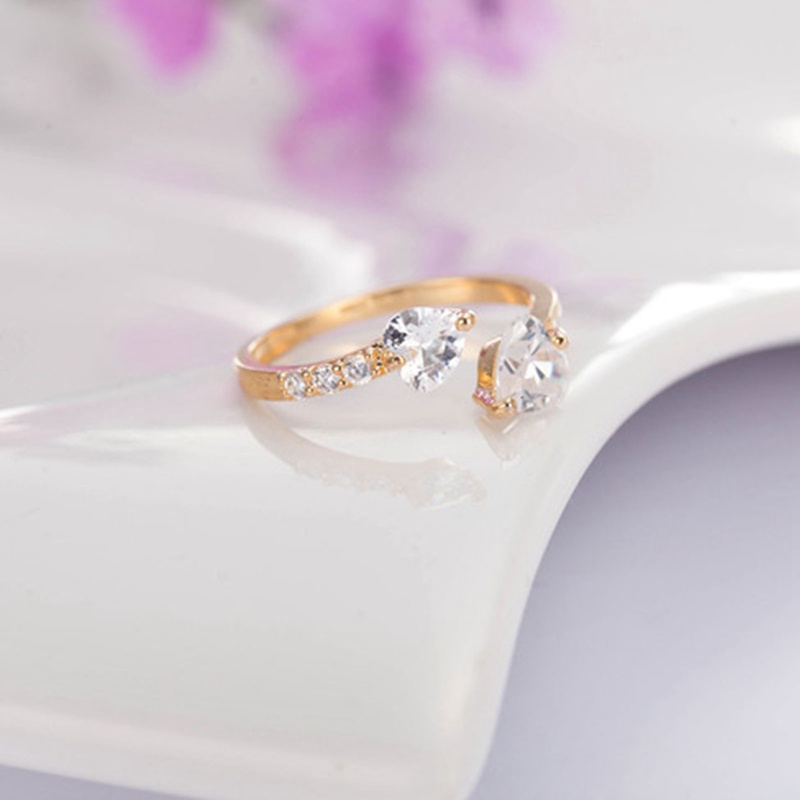 Wanita Zirkon Tembaga Terbuka Chunky Ring Jewellery Double Heart Ring