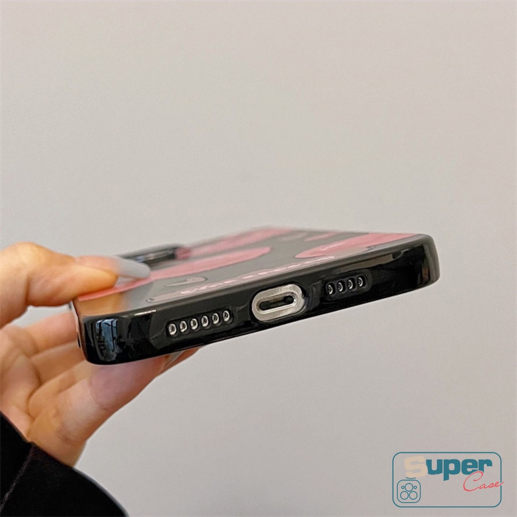 Casing Ponsel Kartun Pink Cherry Kompatibel Untuk IPhone 7plus 14 11 13 12 Pro Max7 8 Plus XR X XS Max SE 2020 Keren Hitam Cinta Hati Smiley Shockproof Glossy Halus Soft Cover