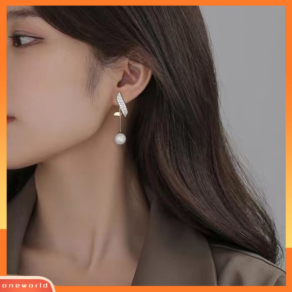 [OWR] 1pasang Anting Pejantan Bling Berlian Imitasi Mewah Elegan Berkilau Mutiara Imitasi Menjuntai Anting Fashion Perhiasan