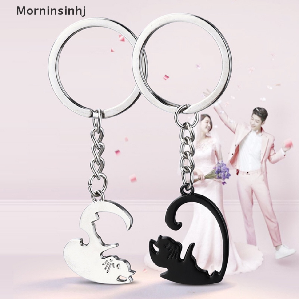 Mornin 2pcs Lucu Kucing Hitam Gantungan Kunci Patchwork Hati Bulat Pasangan Pecinta Keyring Stainless Steel Ransel Kunci Mobil Gantungan Perhiasan id