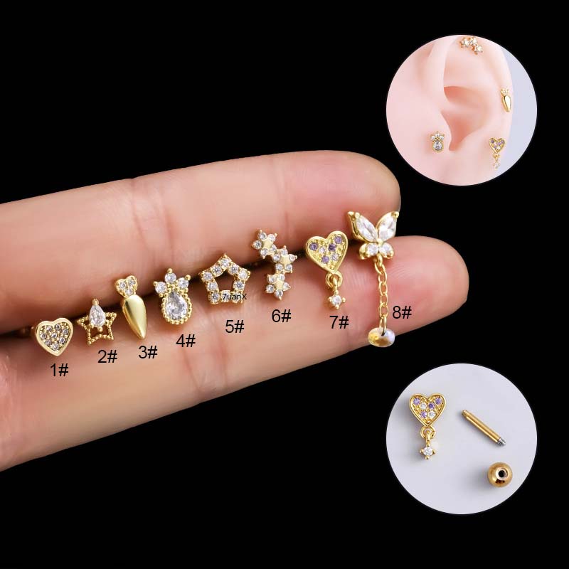 1biji Hati Bintang Bunga Kupu-Kupu Rantai Menjuntai Tulang Rawan Anting Stud Helix Pinna Lobe Piercing 16Gauge