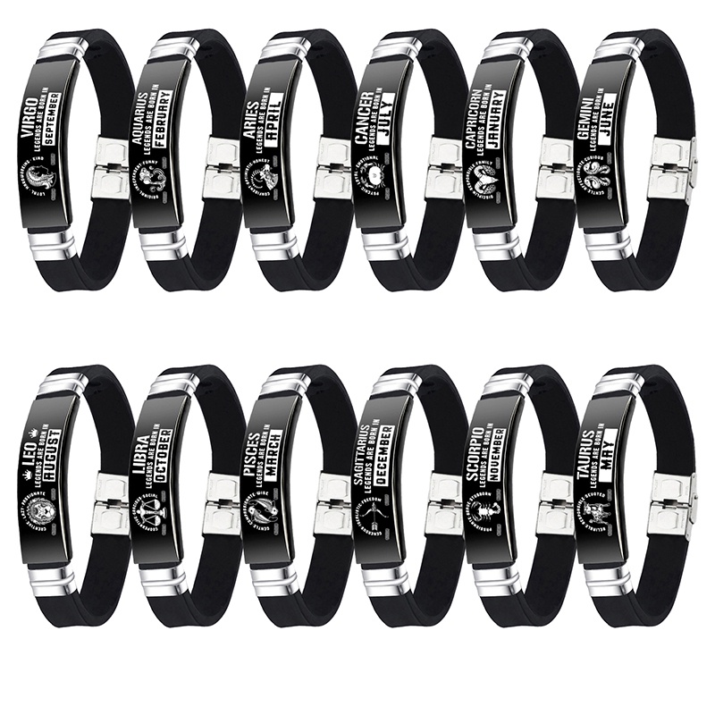 Fashion12 Zodiak Tanda Silikon Bangle Gelang Engravable Stainless Steel Gelang Konstelasi Pria Perhiasan Hadiah Ulang Tahun
