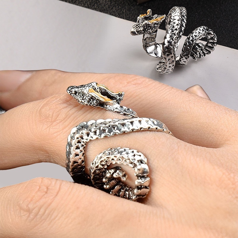 Cincin Ular Vintage Gaya Punk Untuk Pria Wanita/Gothic Tiga Dimensi Berlebihan Snake Ring Perhiasan Fashion