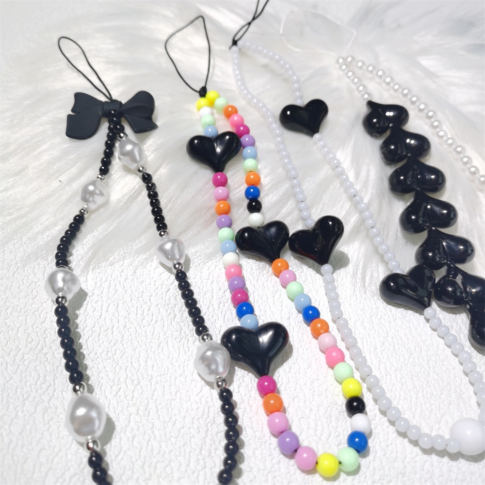 Baroque Mutiara Busur Hitam Rantai Ponsel Anti Hilang Lembut Tembikar Tali Tali Lanyard Manik-Manik Akrilik Warna-Warni Kasus Ponsel Kabel Gantung