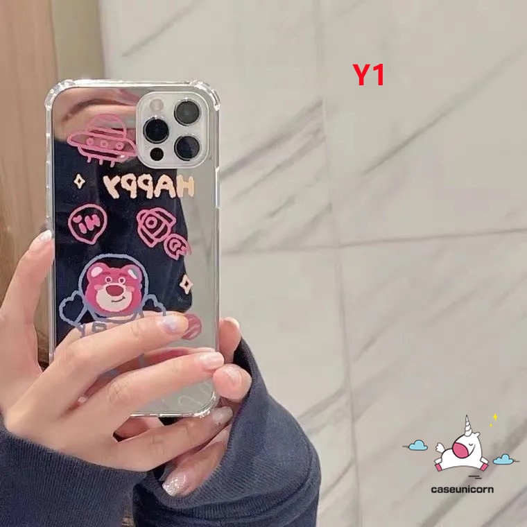 Casing Ponsel Manyo Kartun Strawberry Bear Lucu Imut Kompatibel Untuk iPhone 7plus XR 11 12 13 Pro MAX 7 8 Plus X XS MAX SE 2020 Lembut Jatuh Shockproof Make Up Mirror Back Cover