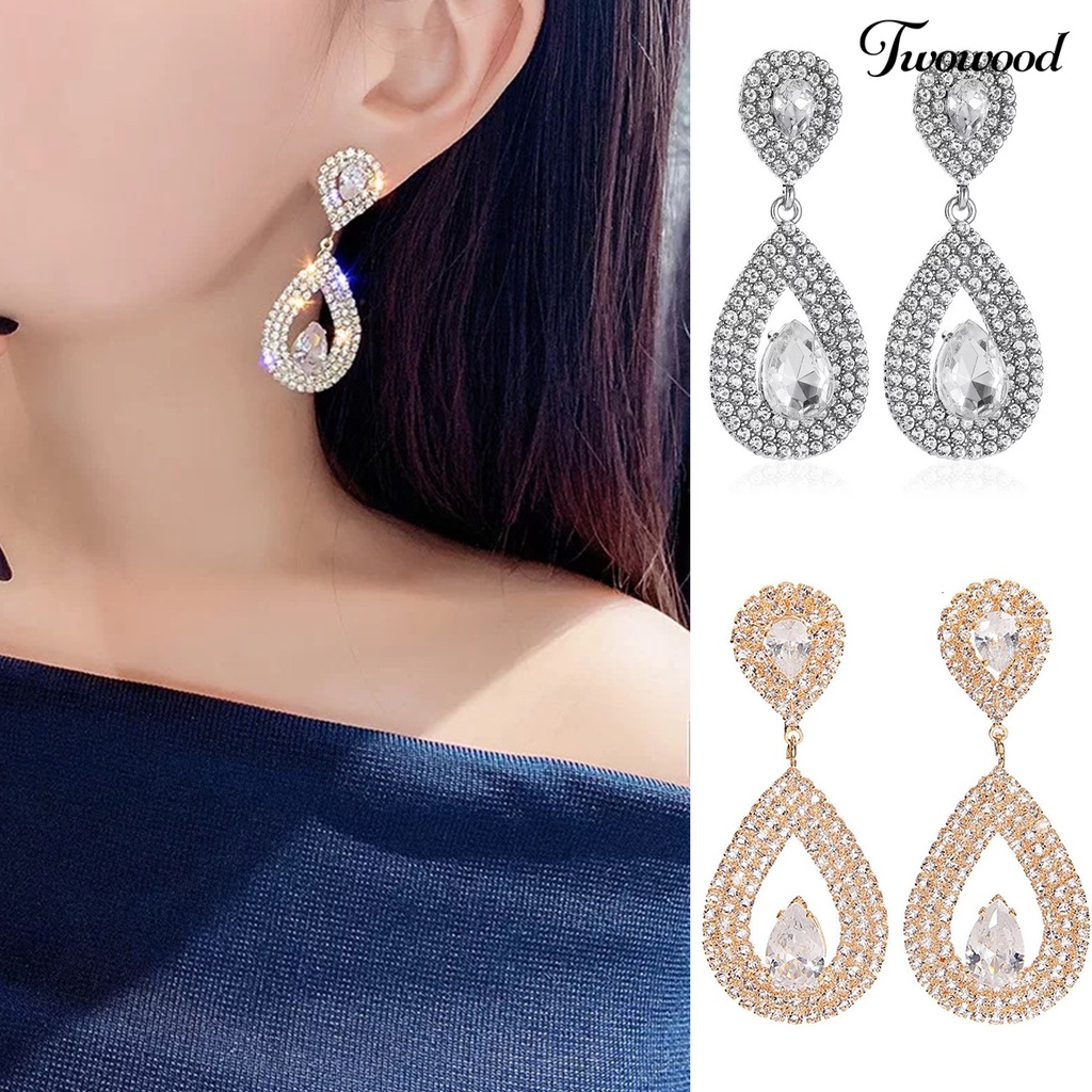 Twowood 1pasang Anting Menjuntai Berlian Imitasi Mengkilap Hias Berlebihan Berkilau Geometris Hias Hadiah Wanita Water Drop Pendant Stud Earrings Perhiasan Untuk Perjamuan