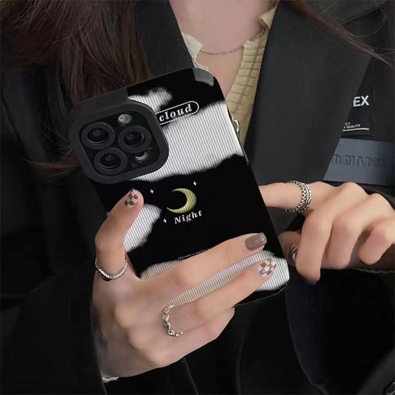 Black &amp; White Cloudy Moon Soft Case iP iPhone 7 8 Plus SE 2020 X XR XS Max 11 12 13 14 Pro Max FTD Stripe Casing Apple