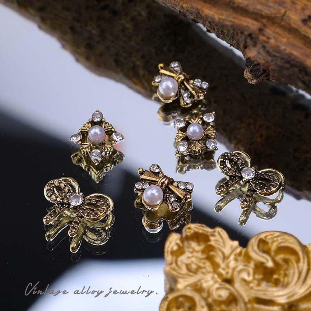 Agustina Busur Dekorasi Kuku Wanita Pesona Kuku Mutiara Alloy Dekorasi Kuku Manikur Aksesoris Belah Ketupat 3D Nail Art Drills