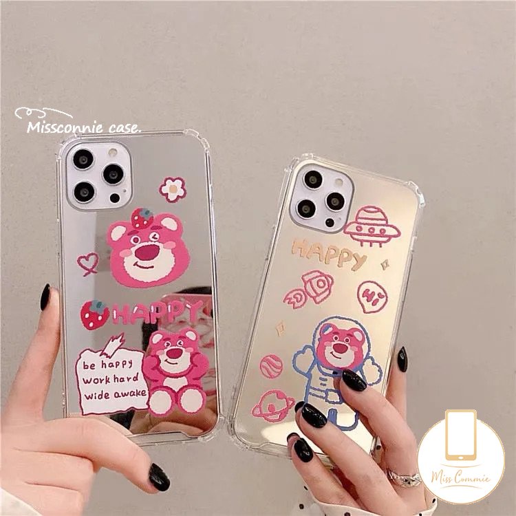 Kartun Astronot Manyo Casing Ponsel Kompatibel Untuk iPhone 7plus 11 13 12 Pro MAX XR 7 8 Plus X XS MAX SE 2020 Beruang Strawberry Lucu Shockproof Make Up Mirror Soft Cover