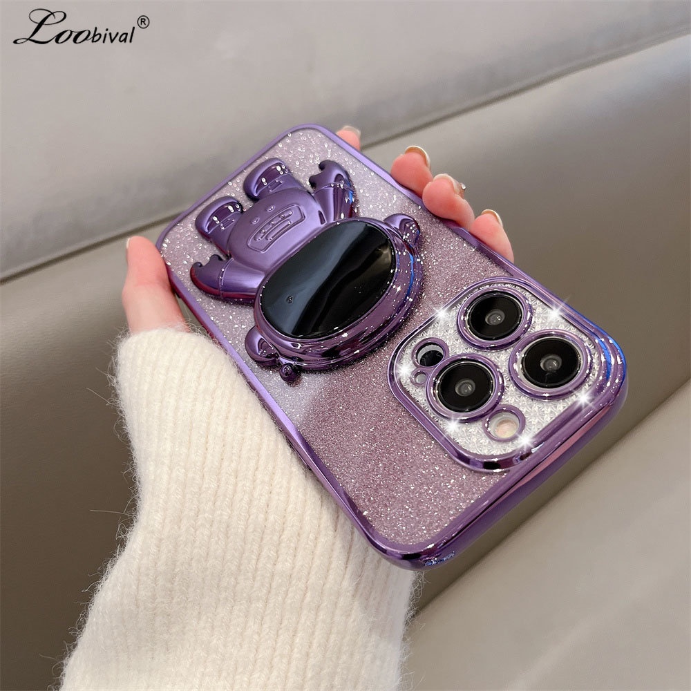Kartun Astronot Plating Glitter Case Untuk iPhone 14 Pro Max13 12 11 X Xr Xs 7 8 14 Plus Braket Berlian Stand Bling Soft Cover