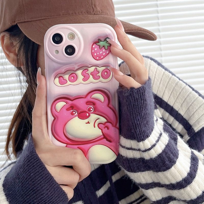 【LOTSO 】Airbag Case for IPhone 6S 7 8 Plus XR XS Max IPhone 11 12 13 14 Pro Max 14 Plus 7+ 8+ Silicone Soft Case Cute Strawberry Cartoon Bear