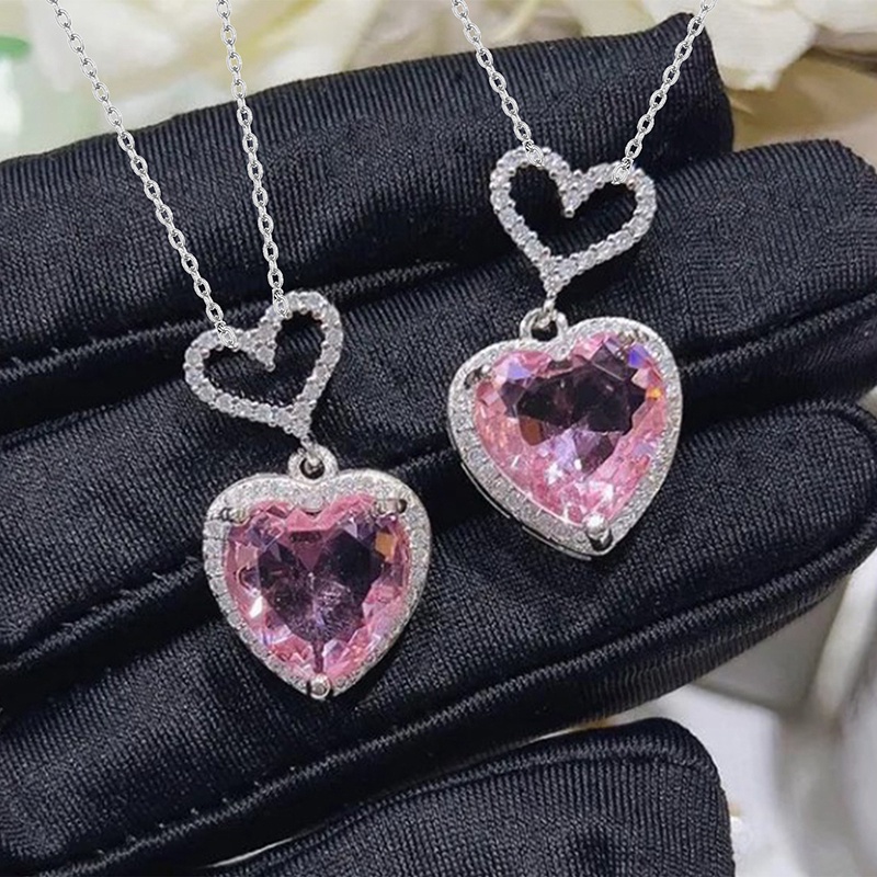 Kalung Liontin Kristal Pink Choker Rantai Hollow Hati Silver Untuk Aksesoris Perhiasan Wanita