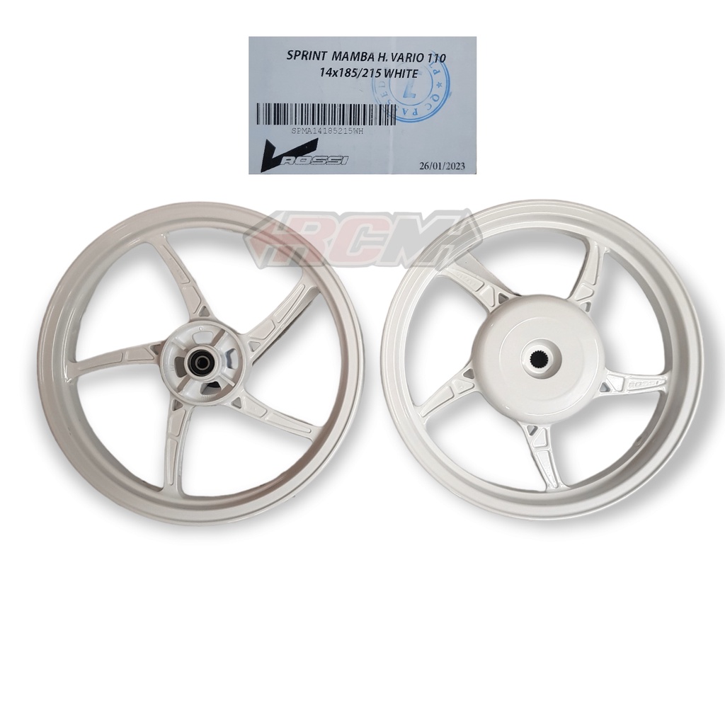 VELK VELEG VELG PELEK DEPAN BELAKANG VARIO 110 VARIO110 BEAT SCOOPY SPACY GENIO TYPE SPRINT MAMBA PUTIH WHITE UK VELG 14 DPN 185 BELAKANG 215 14x185 14x215 ORI ORIGINAL VROSSI ASLI