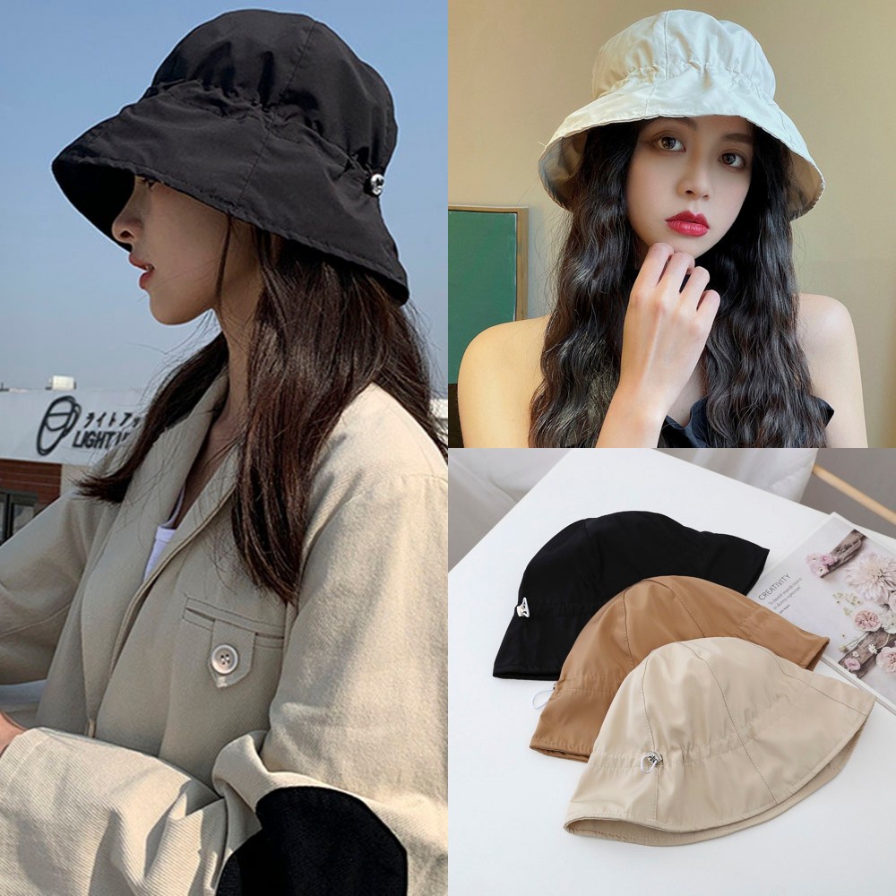 Korea Sederhana Tahan Air Topi Nelayan Serut Wanita Perempuan Pelindung Matahari Traveling Outdoor Bucket Cap