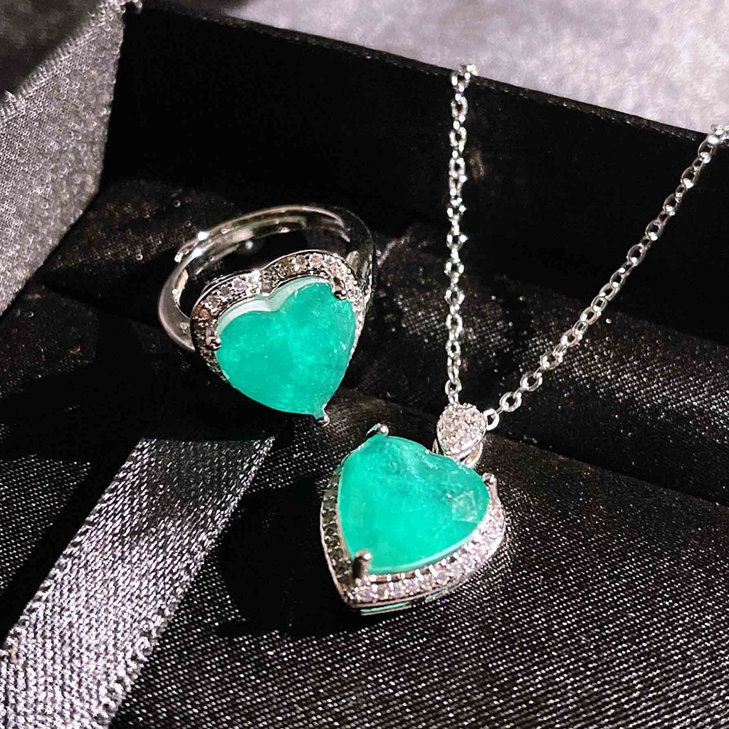 Goldkingdom Aksesoris Perhiasan Fashion Ready Stock Perhiasan Yang Dipilih Dengan Teliti Grosir Imitasi Alami Paraiba Set Berbentuk Hati Cincin Liontin Kalung Hadiah