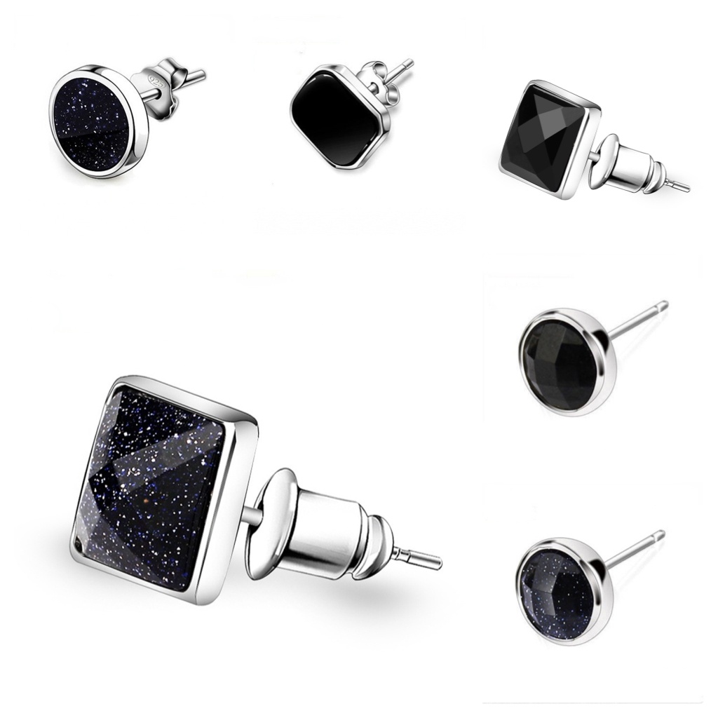 Goldkingdom Aksesoris Perhiasan Fashion Ready Stock Anting Perak Pasir Berlian Pria Dan Wanita Hitam Korea Anting Bulat Datar Wajah