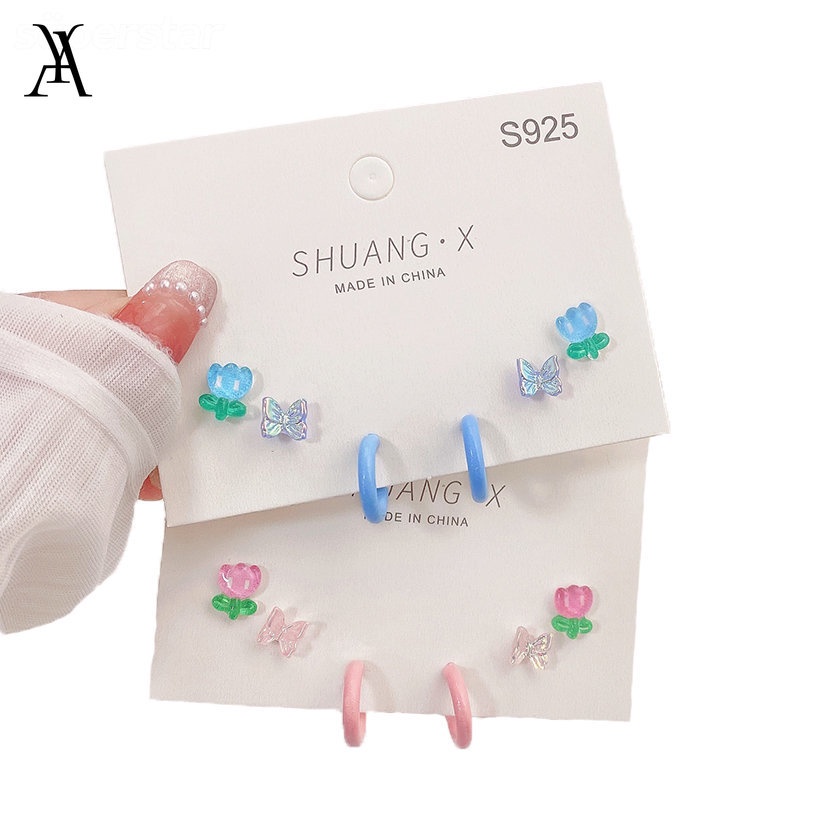 AY(CN) Set Anting Hoop S925 Silver Bentuk Kupu-Kupu Tulip Geometris Aksen Kristal Warna Pink Biru Untuk Wanita