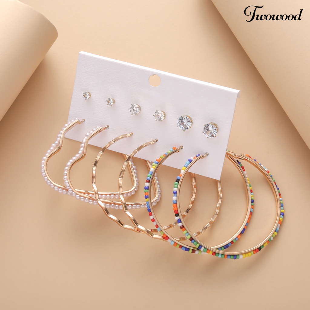 Twowood 6pasang Hoop Earrings Set Mini Beads Rhinestones Inlay Geometris Alloy Perhiasan Elegan Dress-Up Aksesoris Lingkaran Anting Telinga Studs Malam Pesta Memakai Perhiasan Hadiah