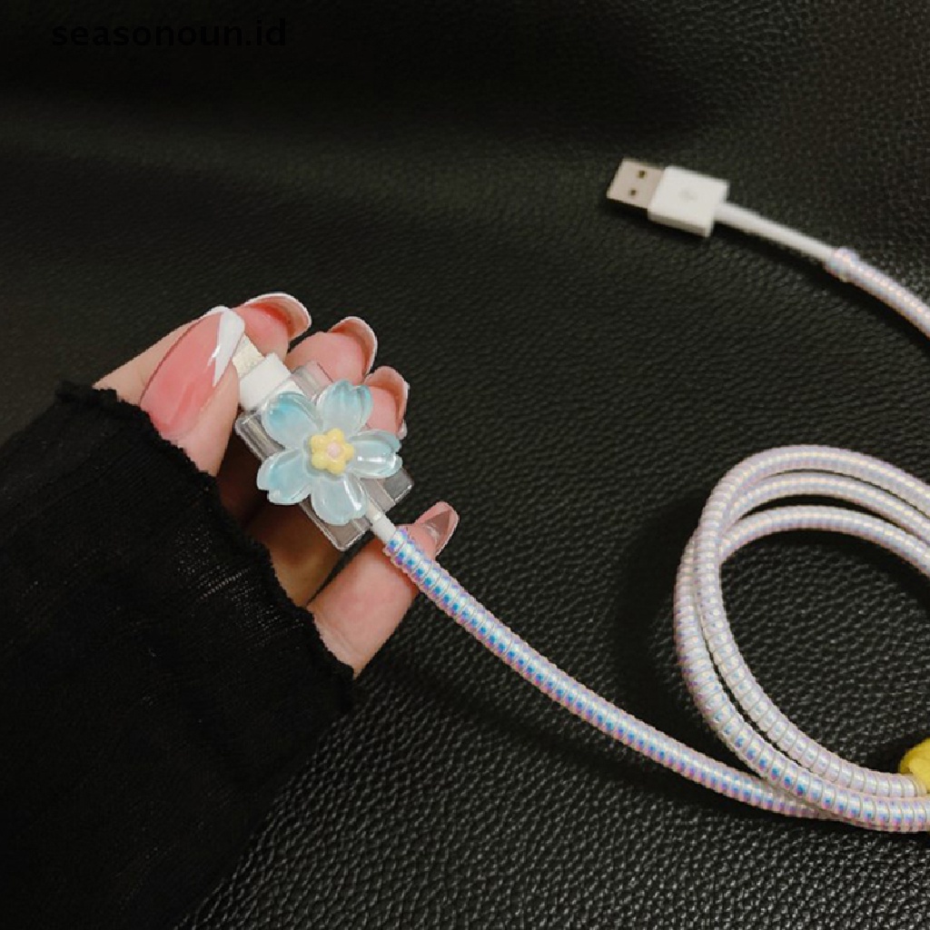 Seasonoun Untuk Kabel Charger USB Bite Data Line Cord Case Bunga Warna-Warni Lembut TPU Cover.