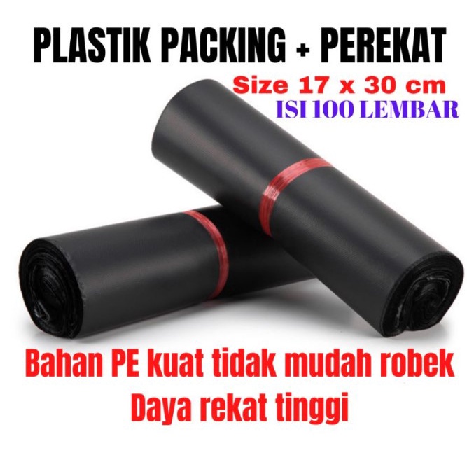 100 PCS PLASTIK POLYMAILER UKURAN 17x30 - 100 LEMBAR PLASTIK PACKING ONLINE SHOP HITAM DENGAN LEM