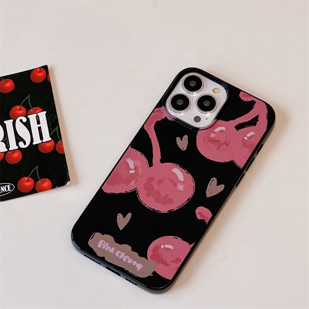 IPHONE Casing Ponsel Kartun Pink Cherry Kompatibel Untuk Iphone11 14 13 12 Pro Max 7plus XR X XS Max7 8 Plus SE 2020 Cinta Lucu Hati Smiley Halus Shockproof Glossy Keren Hitam Soft Cover