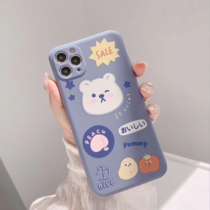 Soft Silicone Matte Case for iPhone 7 8 14 Plus 7+ 8+ X XR SE 2020 XS Max 11 12 13 Pro Max Lens Protect Cute Gray Bear Black