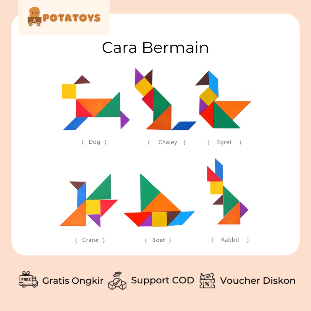 [ Potatoys ] Puzzle Tangram 7pcs / Mainan Edukasi Anak / Mainan Montessori / Pembelajaran Geometri / Game Puzzle Edukatif