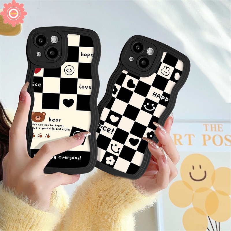 Infinix Smart 5 4 6 Plus Hot 11 10 Play 12 Pro 10Lite 11s 12i 20 20s 10T 9 8 Hot 10s 11s NFC Note 8 12 G96 10Pro 12Pro 12 2023 Couple Chessboard Cute Bear Smile Soft Wavy Edge Case