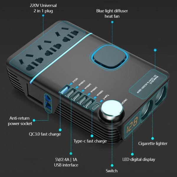 728 OZIO 120G Car Power Inverter 12V 24V 200W 4 USB 1 USB-C 2 Lighter Port