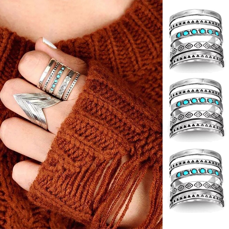 Vintage Bohemian Turquoise Ring/Cincin Perak Berongga Multilayer Wanita Aksesoris Perhiasan Pernikahan