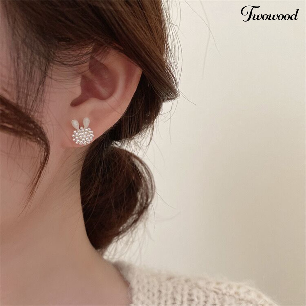 Twowood 1pasang Ear Studs Faux Opal Temperamen Elegan Lucu High Gloss Faux Pearl Rabbit Kelinci Wanita Anting Fashion Perhiasan