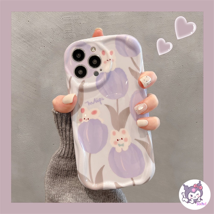 IPHONE Kompatibel Untuk Iphone14 13 12 11 Pro Max SE 2020 X XR Xs Max7 8 6 6s Plus Cute Purple Tulip Rabbit Wave Edge Phone Case Silikon Lembut Perlindungan Anti Jatuh Back Cover