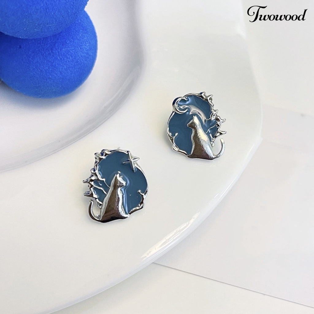 Twowood 1pasang Ear Studs Temperamen Elegan Tidak Teratur Fancy Hypoallergenic Biru Menjatuhkan Minyak Kucing Wanita Anting Perhiasan Fashion