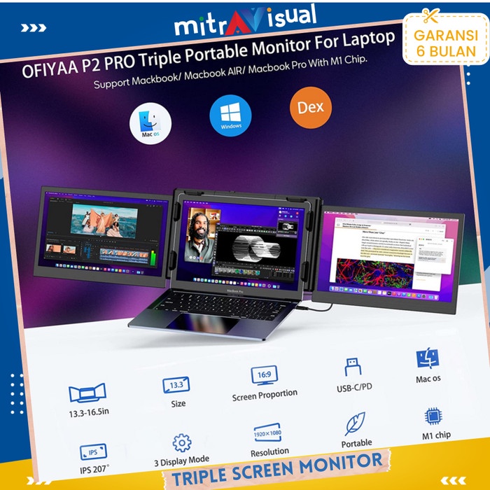 OFIYAA P2 Pro Triple Screen IPS Monitor for Laptop 13.3 Inch
