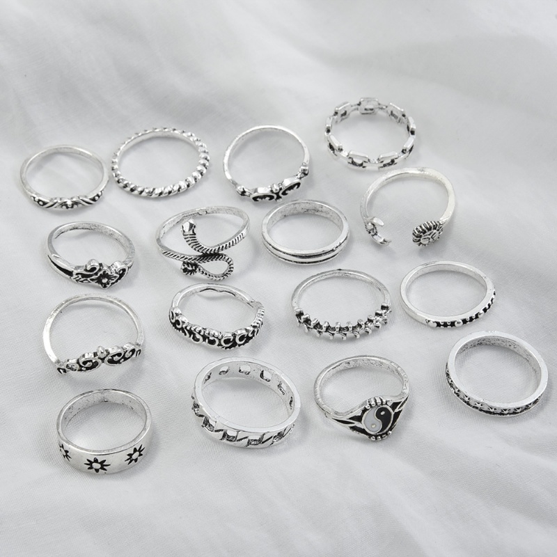 16pcs/set Cincin Pola Tai Chi Ular Antik Yang Dipersonalisasi/Embossed Totem Geometri Alloy Finger Rings