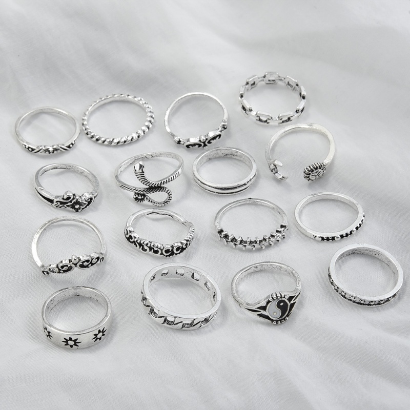 16pcs/set Trendi Perhiasan Dekoratif Pola Ular Jari Cincin Vintage Tai Chi Pola Cincin Pesta Kerawang Alloy Ring