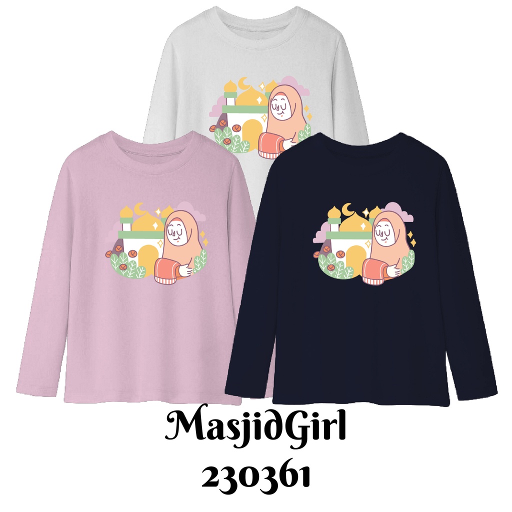 Baju Kaos Lengan Panjang Muslim Series Ramadhan Masjid Girl Size Bayi Anak Dewasa Bahan Katun Combed 30s