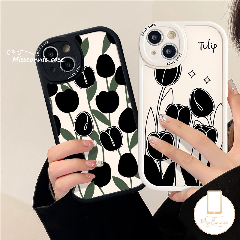 Case Realme C35 C15 C25Y C12 C17 C2 C3 C11 C53 C31 C20A C21Y C30 C20 C25s 9i 8 5i 8i 7i 6s 6i 6 5 8Pro C21 GT C17 Simple Bunga Tulip Hitam Couple Cover