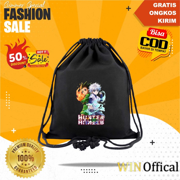 Tas serut anime Naruto hitam pria tebal canvas sekolah lucu anak laki