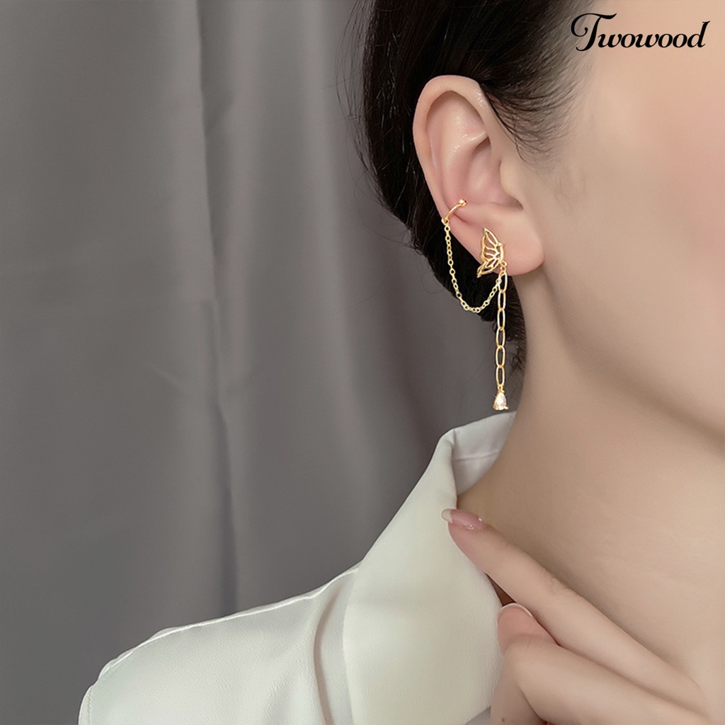 Twowood 1Pc Drop Earring Peri Temperamen One-piece Asimetris Gantung Rantai Dekorasi Gaya Korea Tulang Rawan Palsu Panjang Rumbai Telinga Manset Aksesoris Pakaian